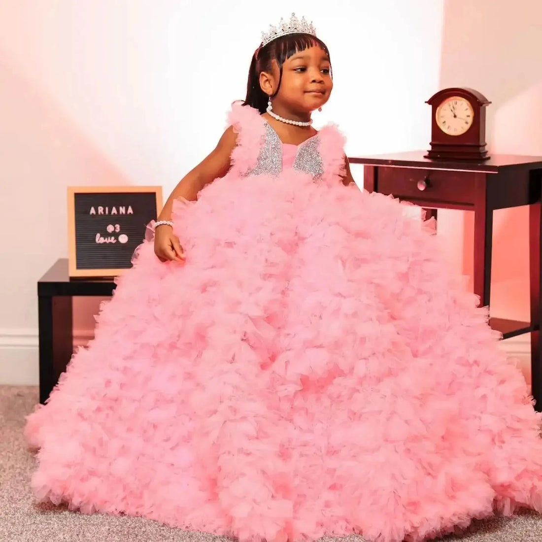 Pink Tiered Tulle Kids Girls Sequined Prom Pageant Dresses