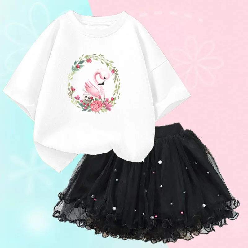 Kids Girls Flamingo T-Shirt &amp; Mesh Skirt Pretty Outfits childrensterritory