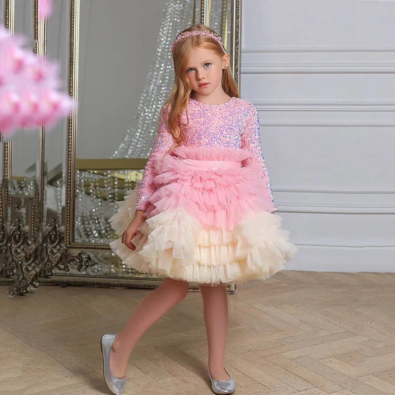 Glitter Sequin Puffy Tiered Tulle Princess Party Dress for Girls