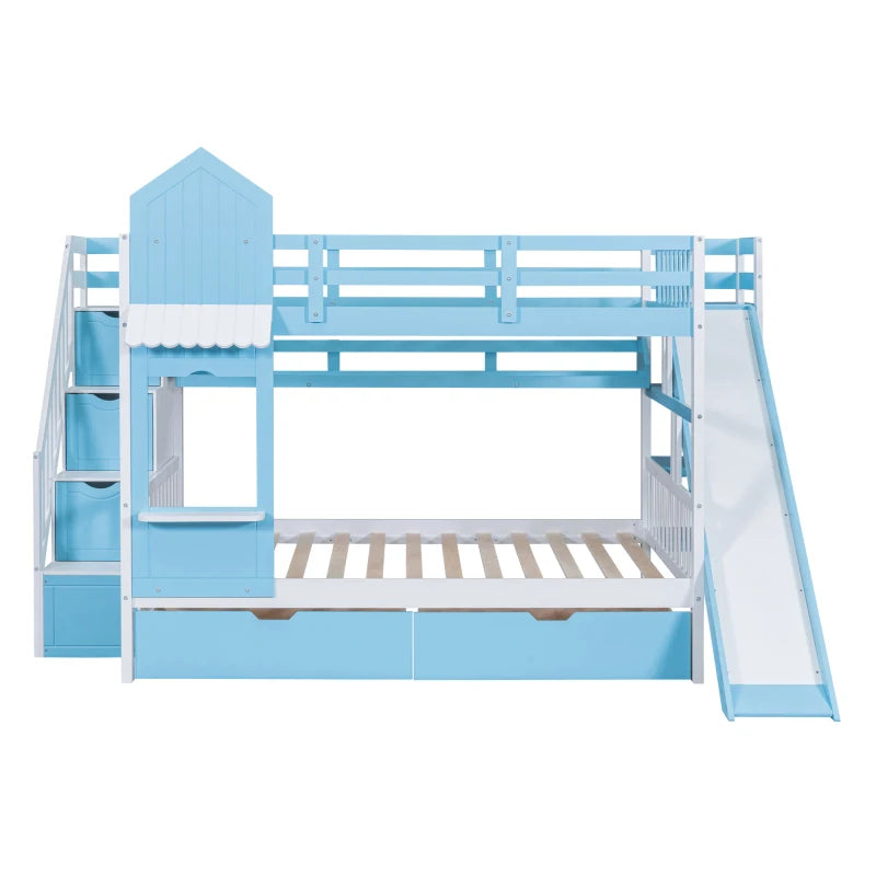 Full-Over-Full Castle Bunk Bed with Slide, Shelves, and Drawers childrensterritory