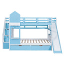 Full-Over-Full Castle Bunk Bed with Slide, Shelves, and Drawers childrensterritory