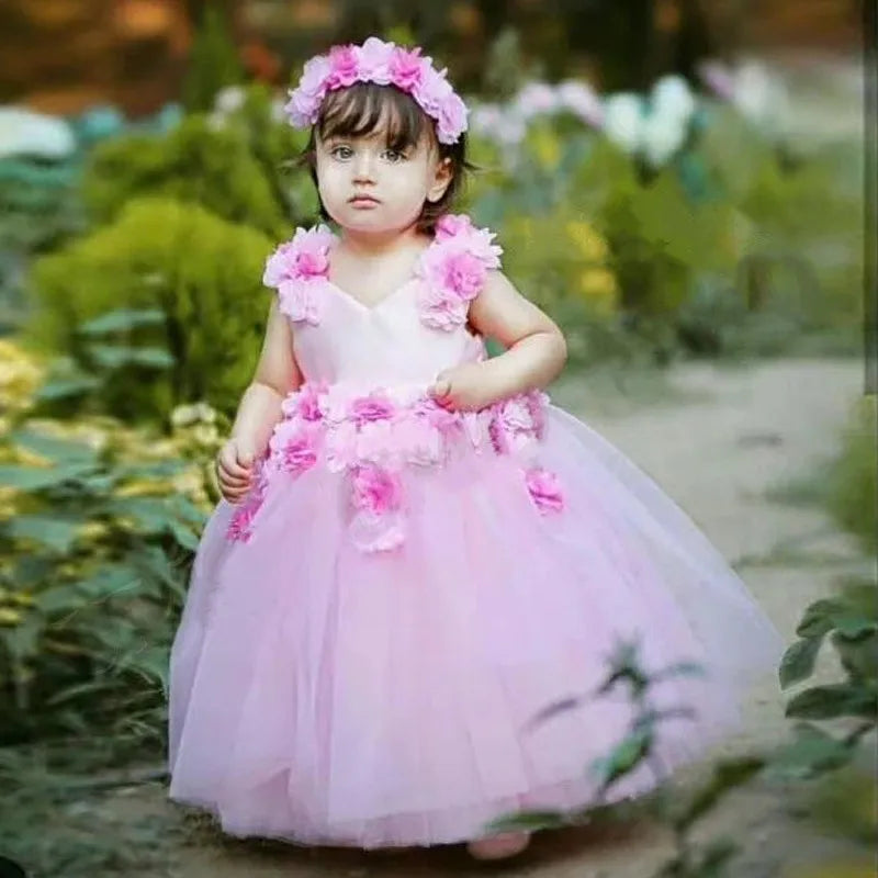 Pink 3D Flowers Design Elegant Prom Gowns for Little Girls childrensterritory