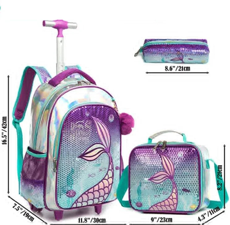 3 in 1 Sequin Design Kids Girls Rolling School Bag/Suitcase Set