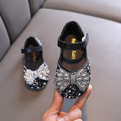 Flat Rhinestone Bowtie Kids Girls Princess Party Shoes childrensterritory