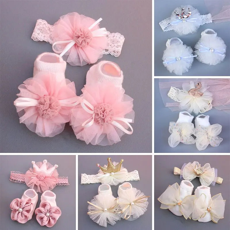 Lace Bows Design 2 Pcs/Set Crown Baby Headband Socks Set