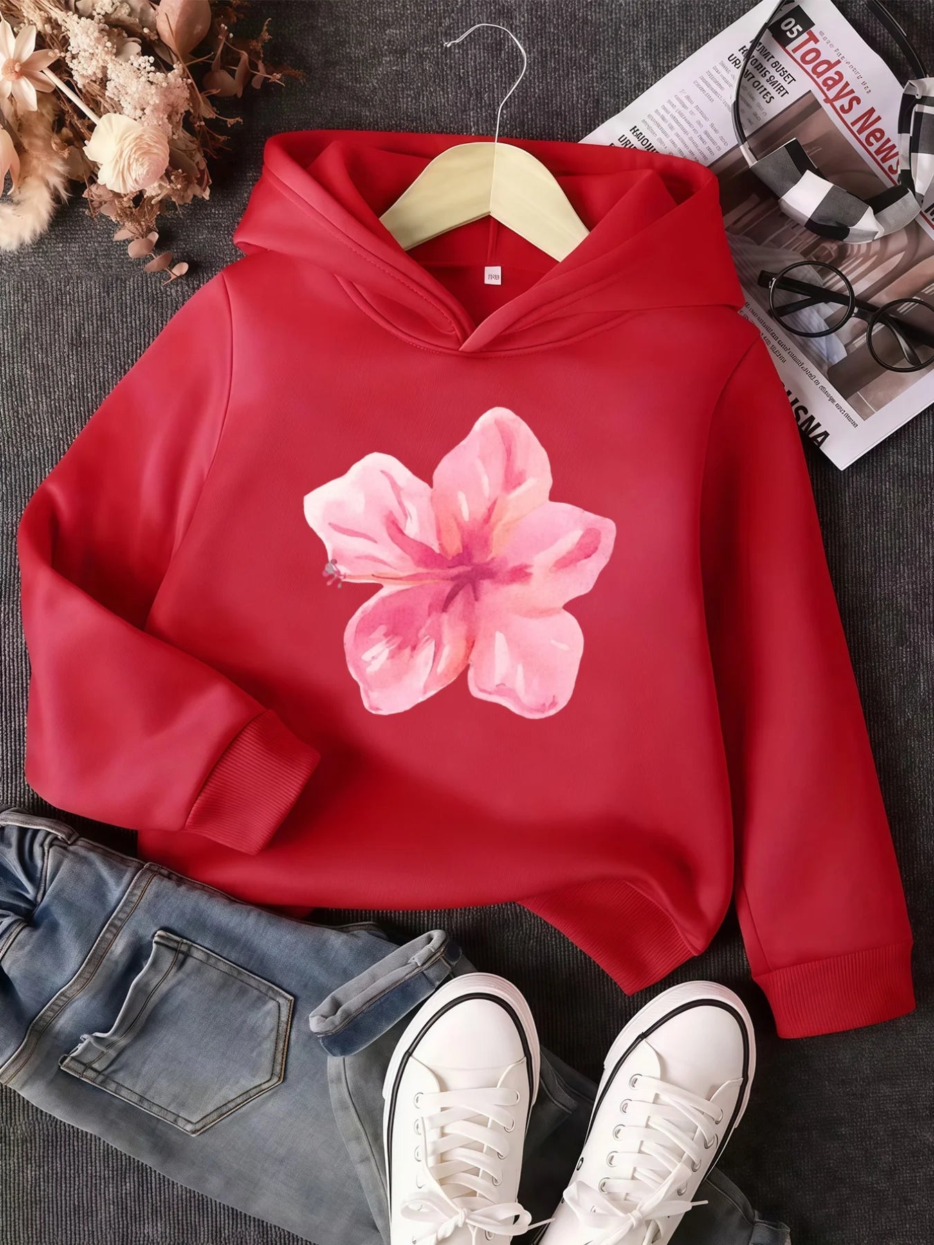 Floral Print Warm Zipper Hoodie for Kids Girls