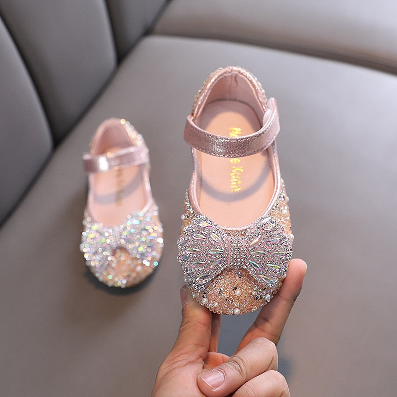 Flat Rhinestone Bowtie Kids Girls Princess Party Shoes childrensterritory