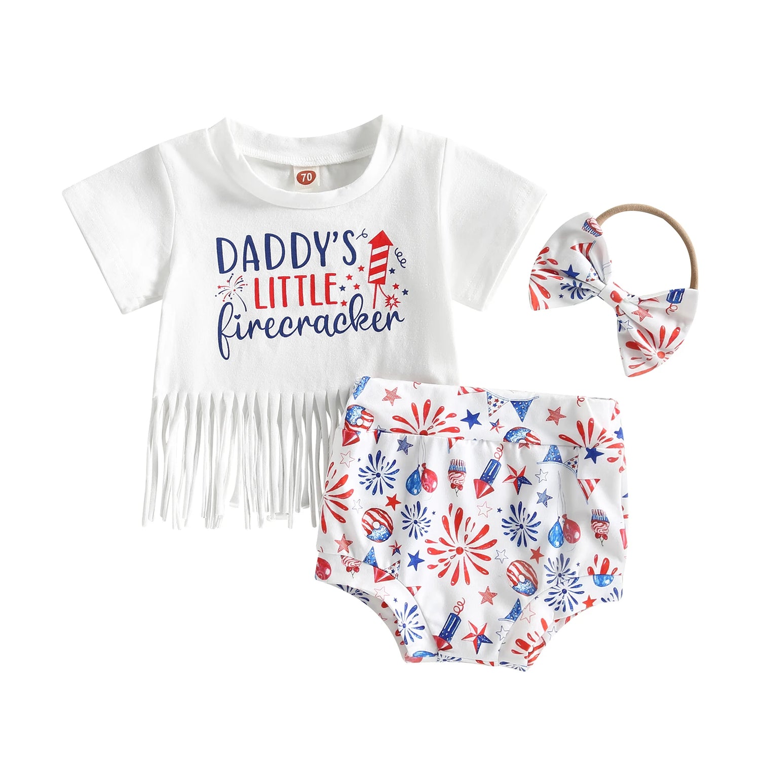 Baby Girl Tassel Tops Cartoon Shorts Headband Outfit for 4th July childrensterritory
