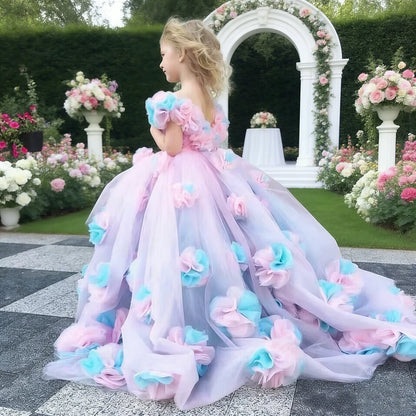 Backless Floral Long Train Girls Birthday Party Dresses