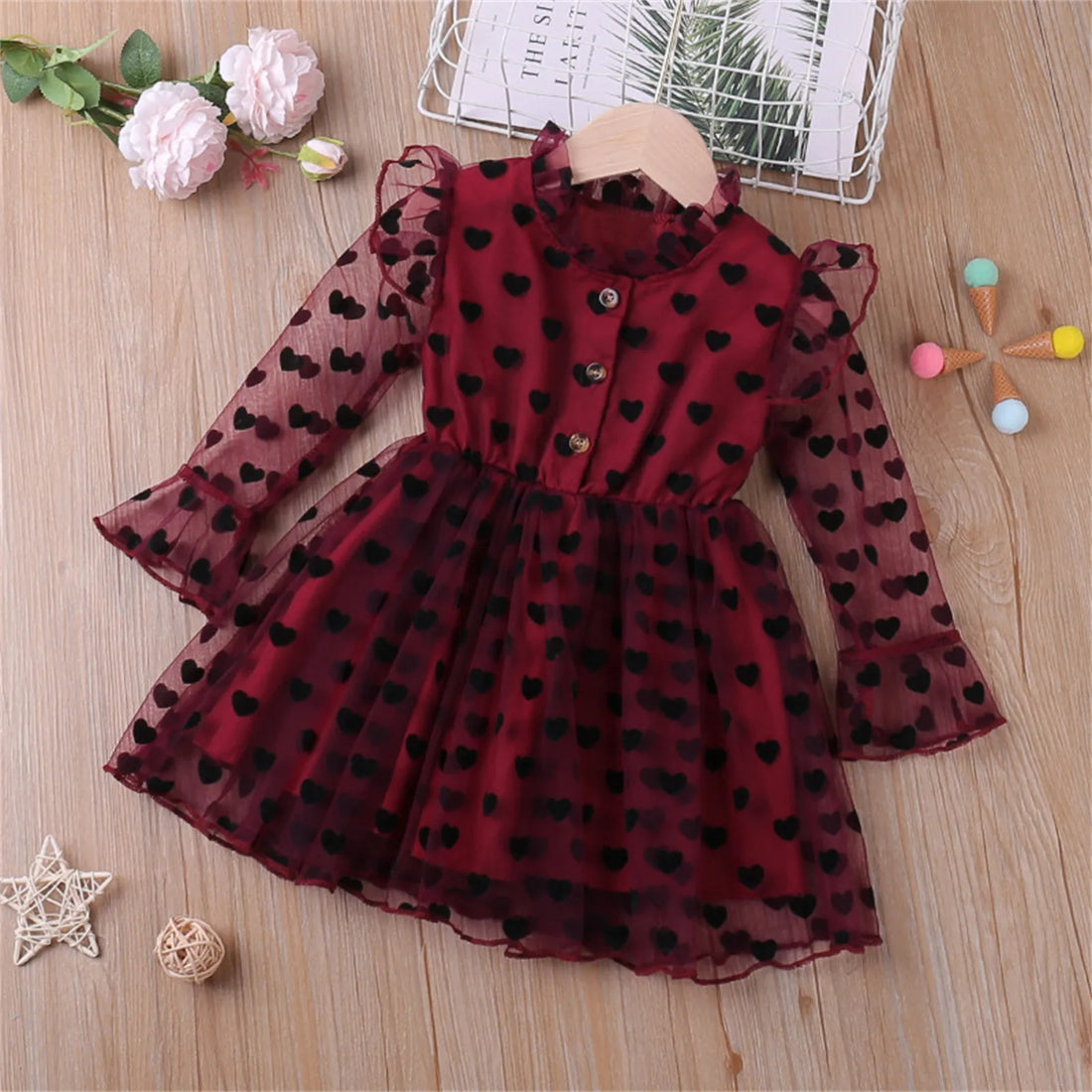 Kid Girl Mesh Yarn Heart Printed Party Dress