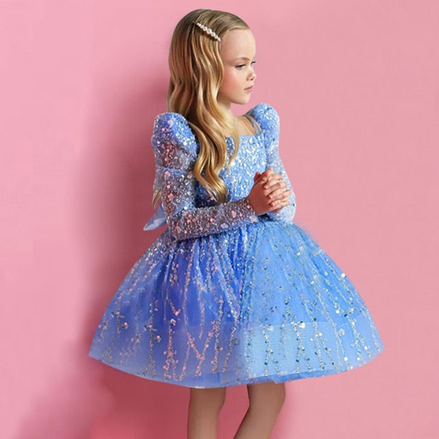 Kids Girls Layered Tulle Glitter Flower Dress with Big Bow childrensterritory