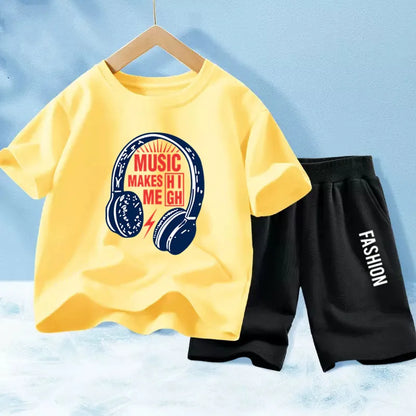 Kids Boys Music Headset Print T-shirt and Shorts Set childrensterritory