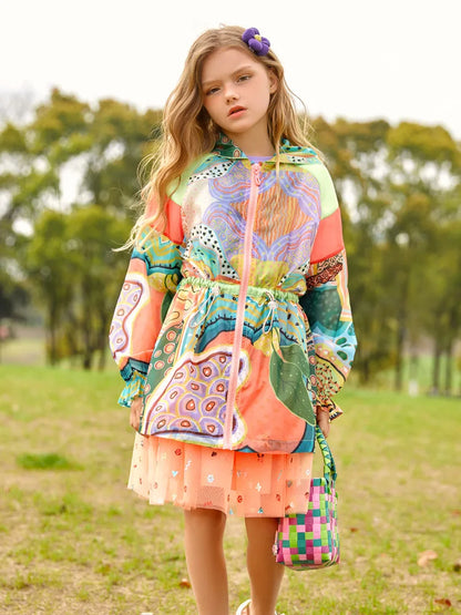 Kids Girls Tie Dye Print Thin Trench Coat and T-shirt childrensterritory