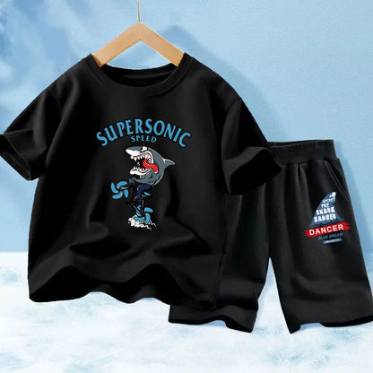 Kids Boy Funny Shark Print T-Shirts and Half Pants Set childrensterritory