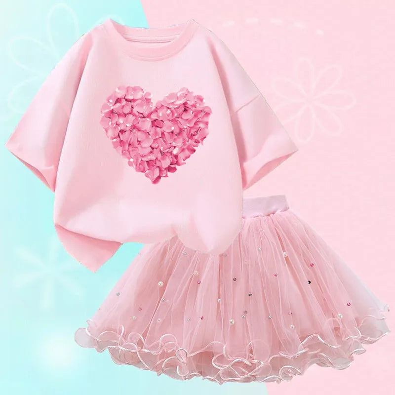 Kids Girls Flamingo T-Shirt &amp; Mesh Skirt Pretty Outfits childrensterritory