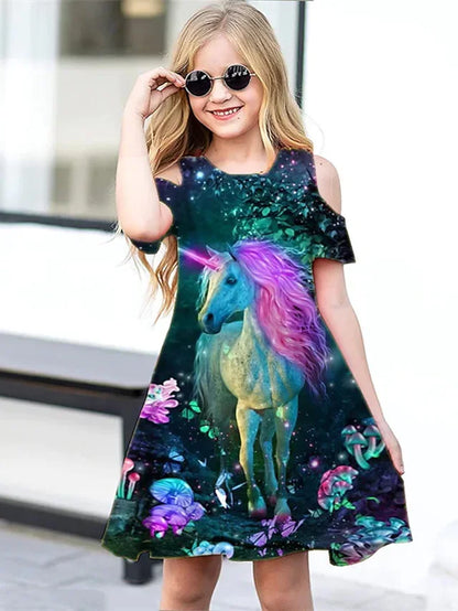 Unicorn Print Kids Girls Half Sleeve Retro Style Loose Dress