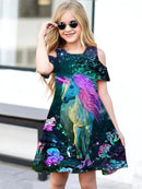 Unicorn Print Kids Girls Half Sleeve Retro Style Loose Dress