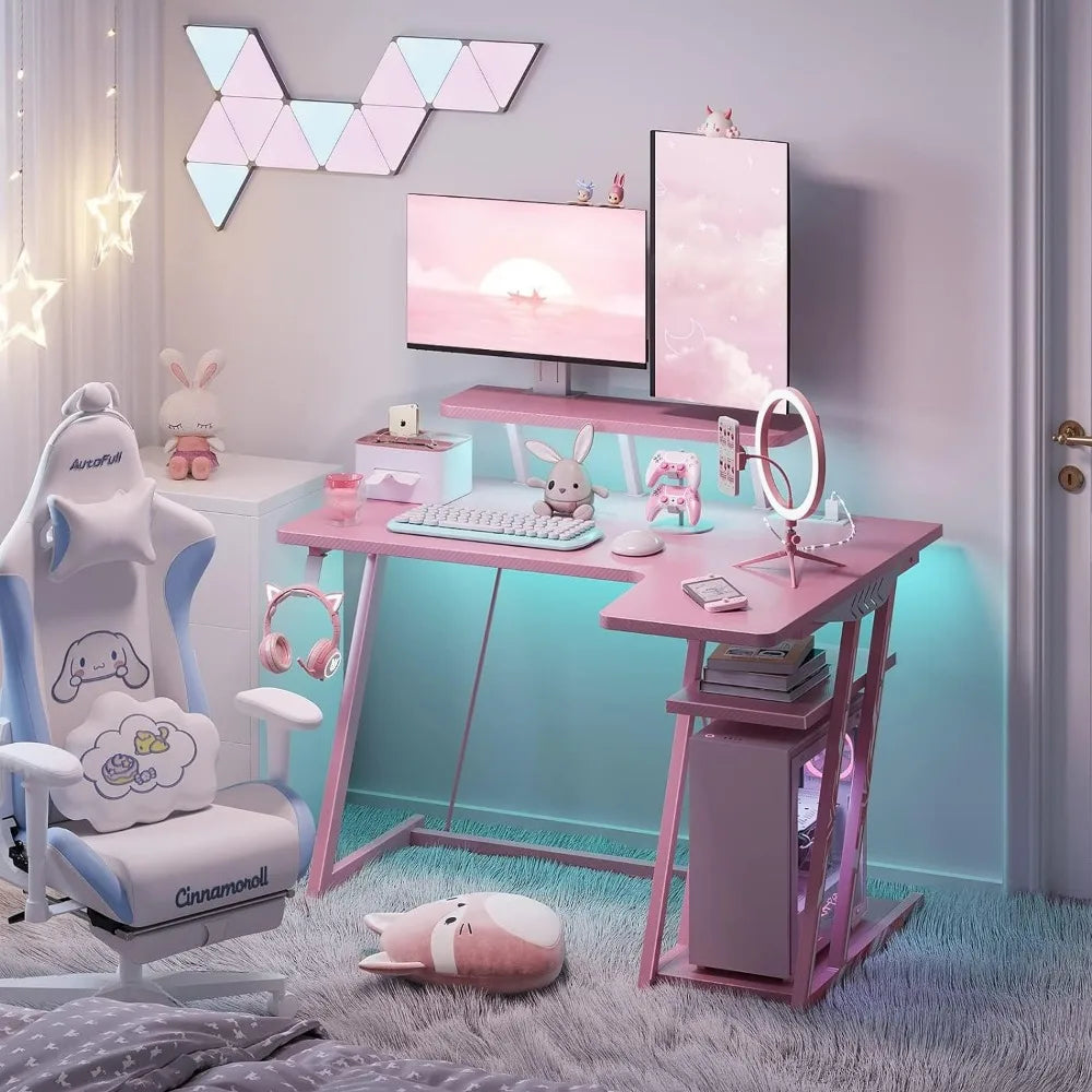 Pink L-shaped Gaming Desk with LED Lights childrensterritory