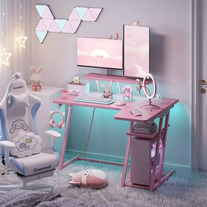 Pink L-shaped Gaming Desk with LED Lights childrensterritory