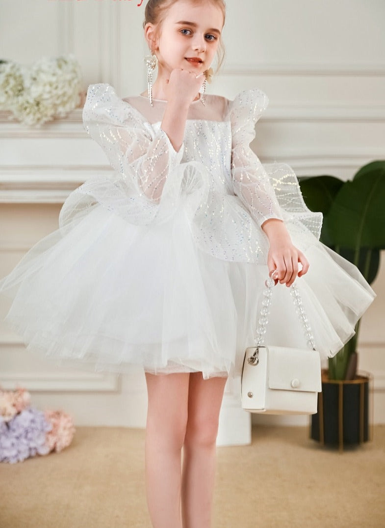 Elegant Sequin White Puffy Wedding Party Dress for Girls childrensterritory