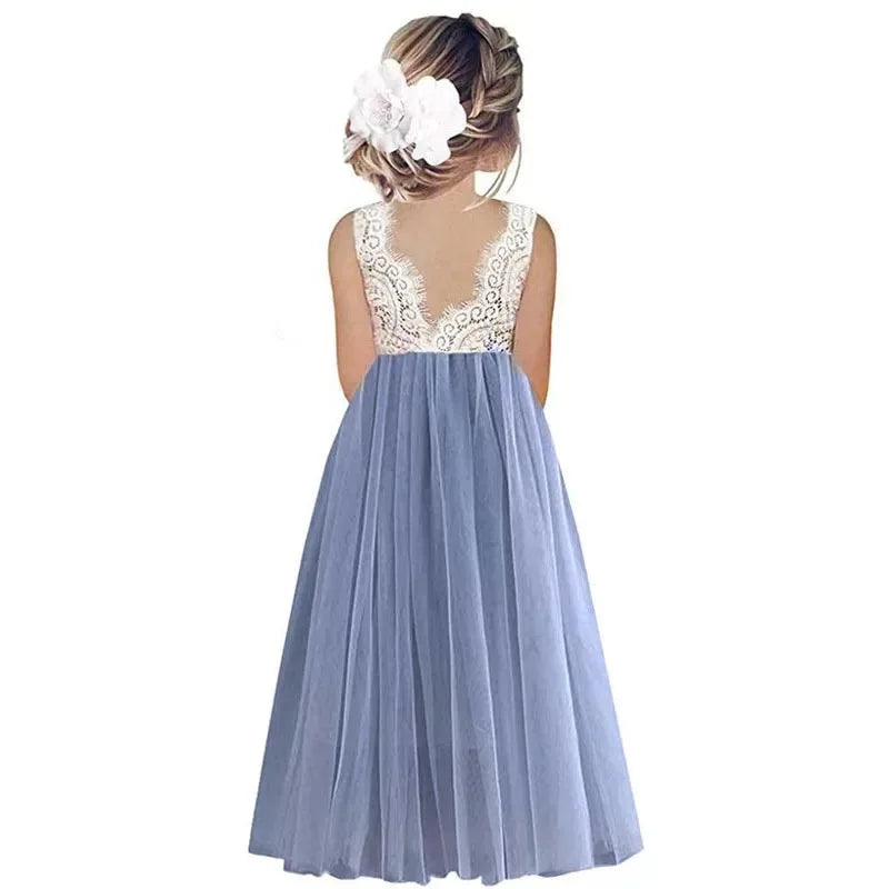Kids Girls Lace Design Long Mesh Princess Dresses childrensterritory
