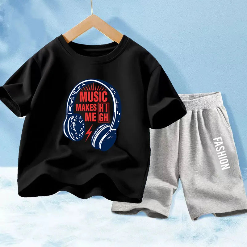Kids Boys Music Headset Print T-shirt and Shorts Set childrensterritory