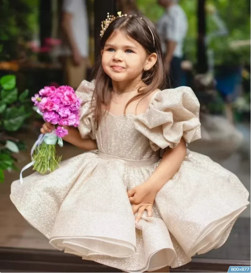 Kids Girl Shiny Puff First Communion Ruffle Dresses With Bow childrensterritory