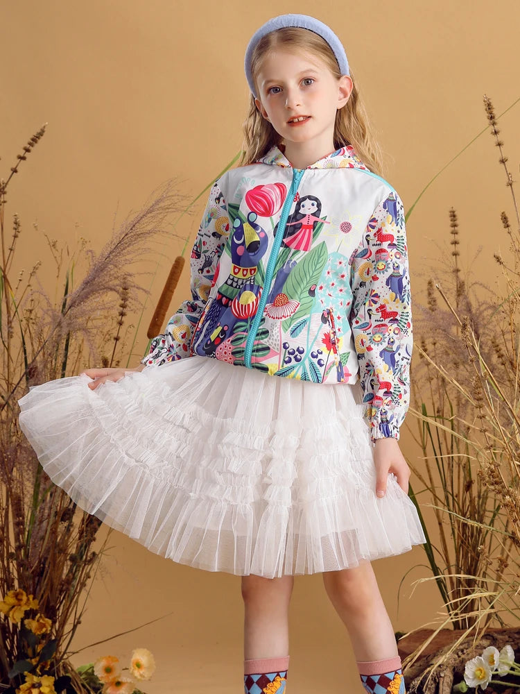 Kids Girl Printed Hooded Jacket and Elastic Waist Pant Set childrensterritory