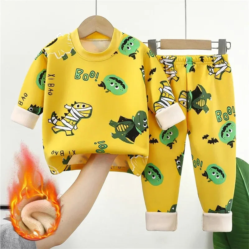 Baby/Kids Thick Warm Cartoon Print Pajamas Set