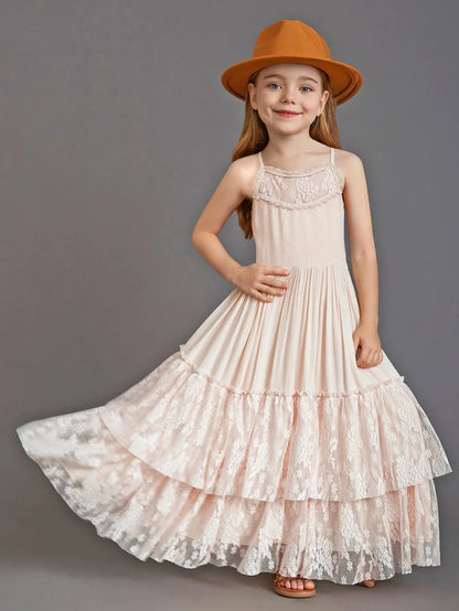 Kids Girls Long Lace Design Birthday Party Dresses childrensterritory