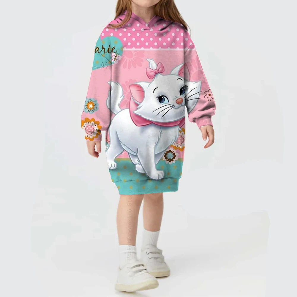 Kids Girls Cute Cat Print Casual Hoodie Dresses