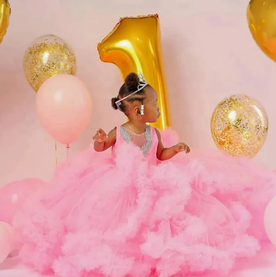 Fluffy, Floor-Length, Layered Pink Princess Ball Gown for Girls
