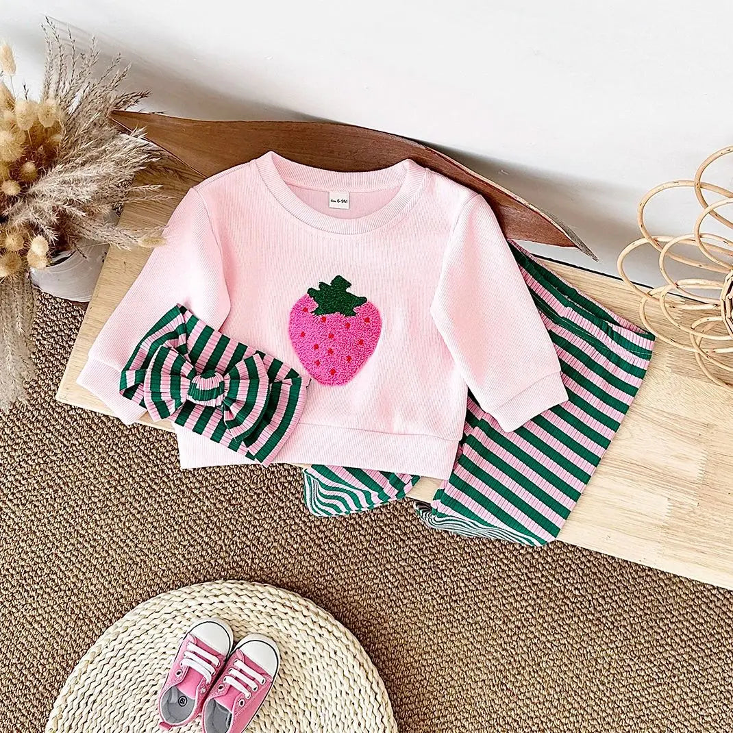 Baby Girls Strawberry Top with Striped Legging and Headscarf  Set