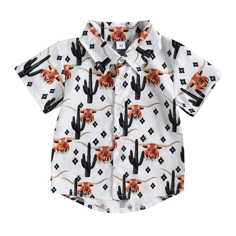 Lapel Bull Print Toddler Boys Loose Casual Shirt childrensterritory