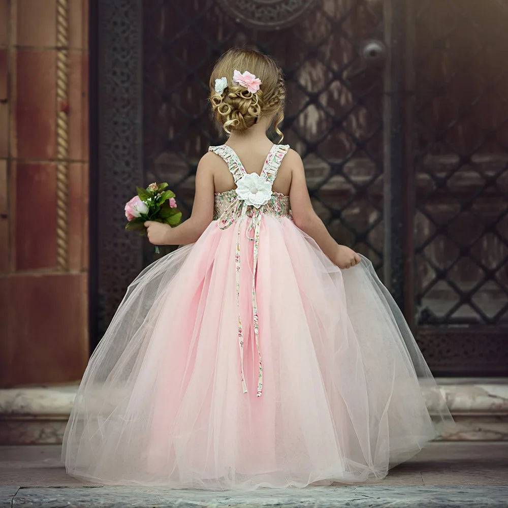 Little Girls Lace Design Fluffy Pink Wedding Party Dress childrensterritory
