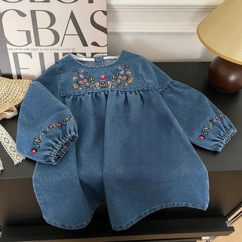 Little Girl Retro Style Embroidered Denim Fashionable Dress childrensterritory