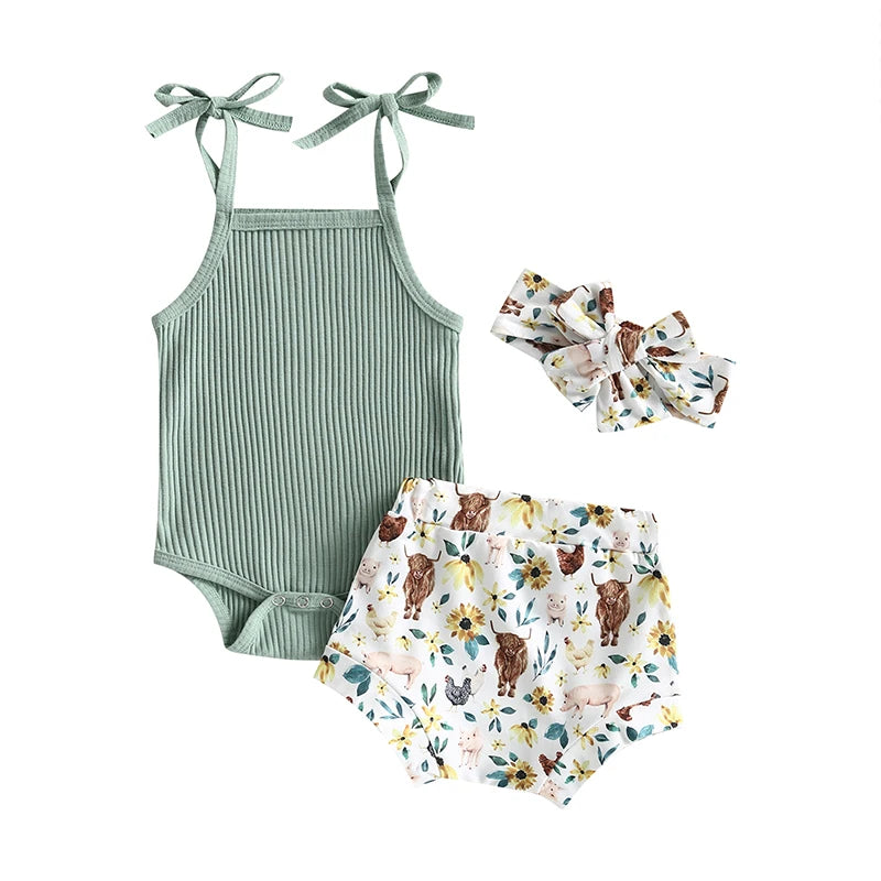 Baby Girl Sleeveless Romper and Print Shorts Set