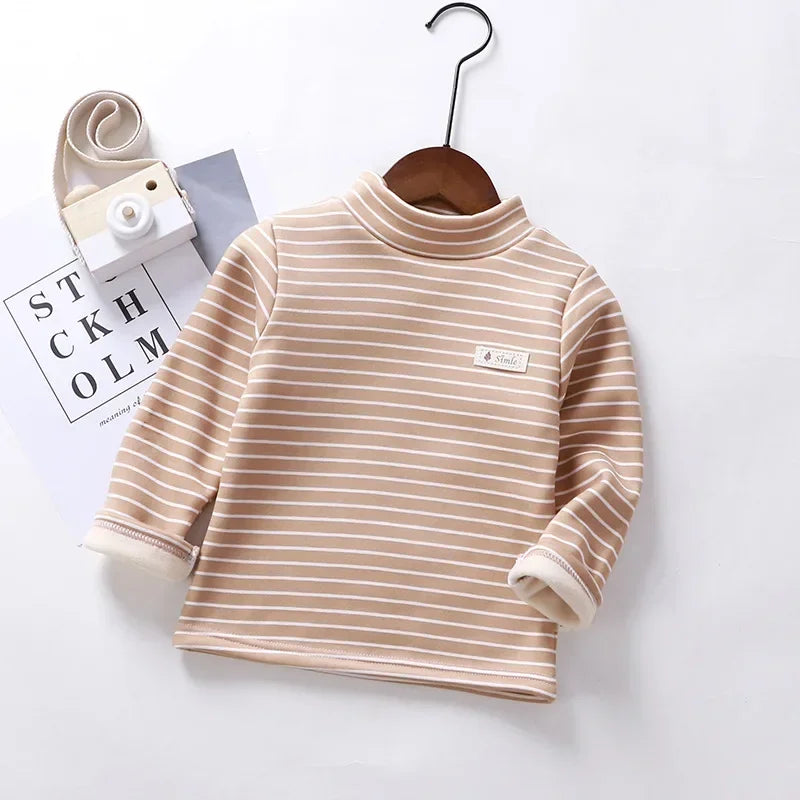 Kids Korean Style Turtleneck Striped Design Velvet Winter T-shirts childrensterritory