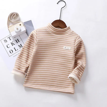 Kids Korean Style Turtleneck Striped Design Velvet Winter T-shirts childrensterritory