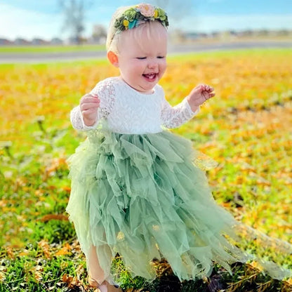 Kids Girls Lace Flower Design Layered Birthday Party Dress