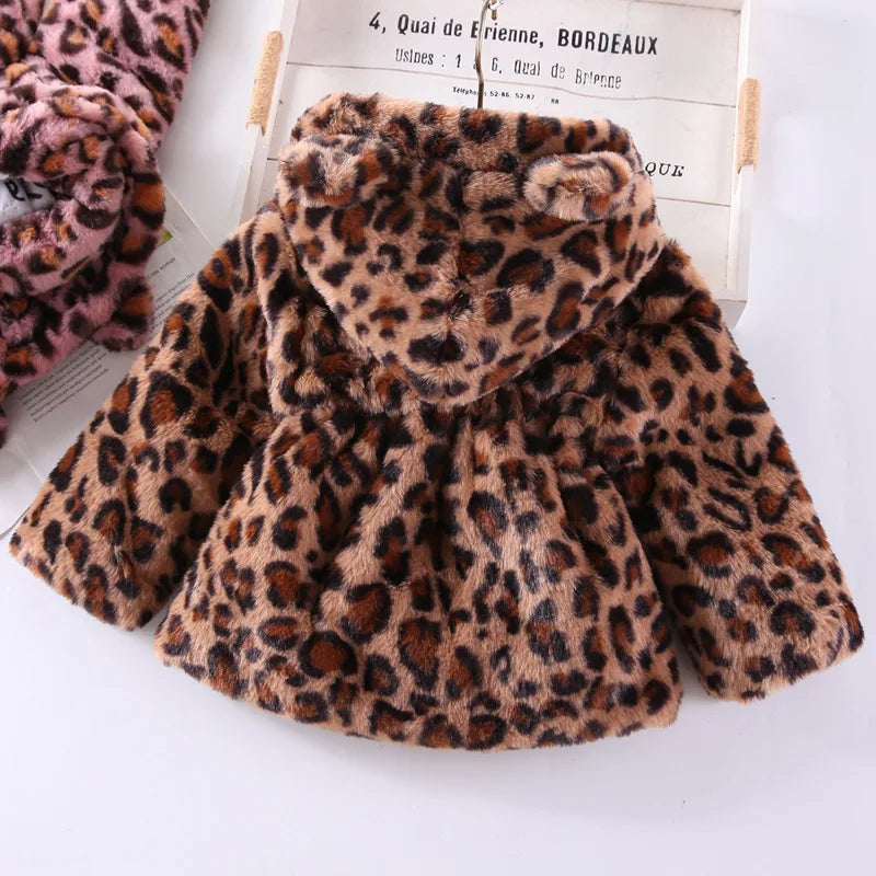 Leopard Print Girls Loose Warm Hooded Jackets childrensterritory