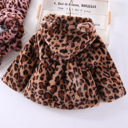 Leopard Print Girls Loose Warm Hooded Jackets childrensterritory