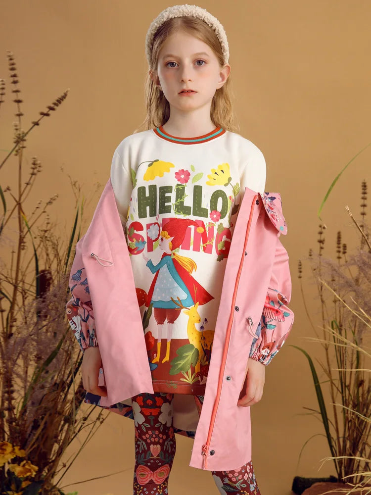 Flowers Printed Peter Pan Collar Girls Trench Coat childrensterritory