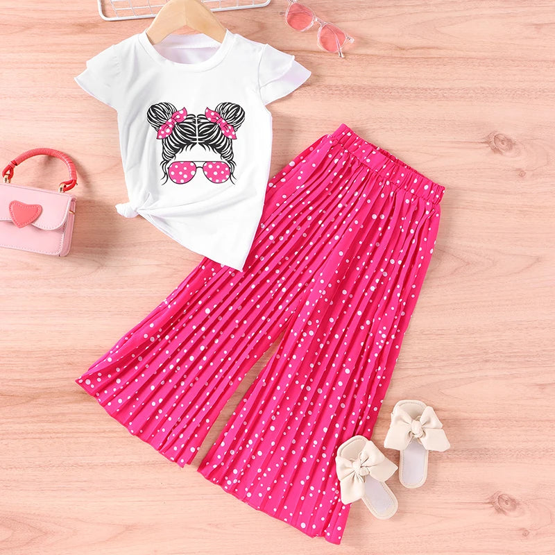 Little Girls Printed Top with Wide Leg Pants Two Piece Clothing Sets childrensterritory