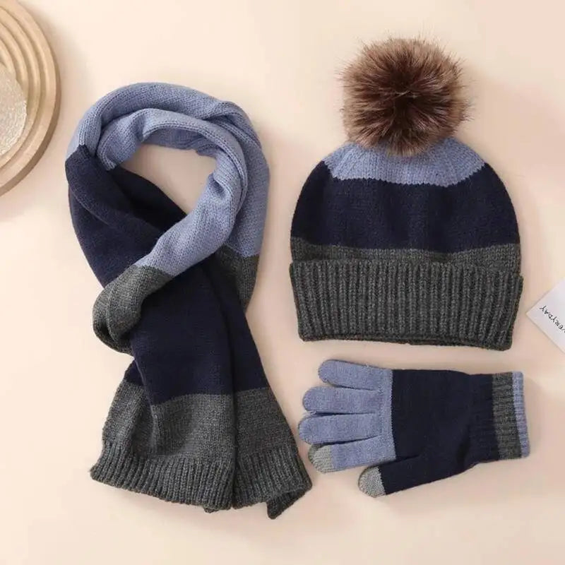 Little Boys and Girls Knitted Warm Plush Hat Scarf Gloves Set