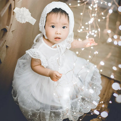 Little Girls Bow Lace Design White Baptism/Bridesmaid Dresses