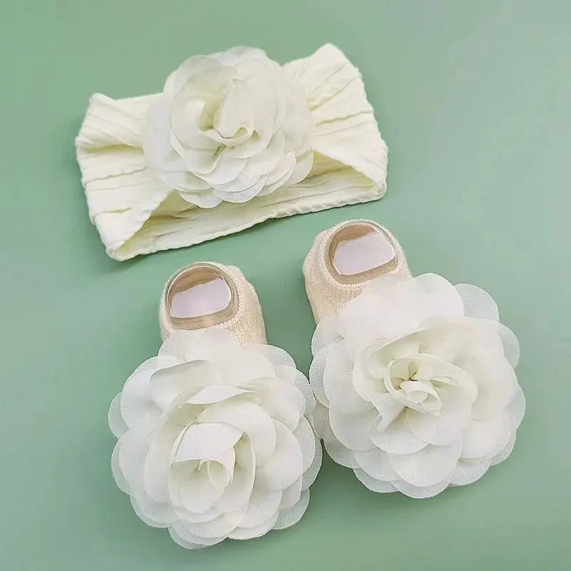 Non Slip Lace Flower Design Baby Socks+ Headbands Set childrensterritory