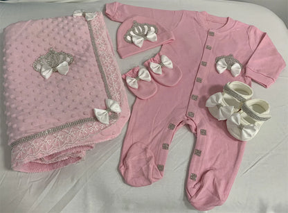 5pcs Sequin Bling Crown Design Baby Girl Welcome Home Outfits childrensterritory