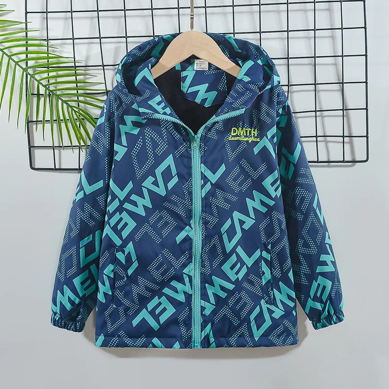 Boys Letter Print Hooded Waterproof Fleece Jackets childrensterritory