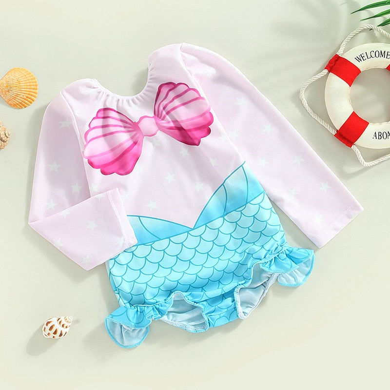 Seashell Print Toddler Girls Mermaid Style Swimsuit childrensterritory